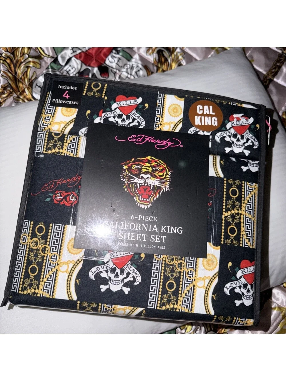 Ed Hardy Black 6 pc Cal King Sheet Set Hearts, Skulls, Roses, w/4 Pillowcases